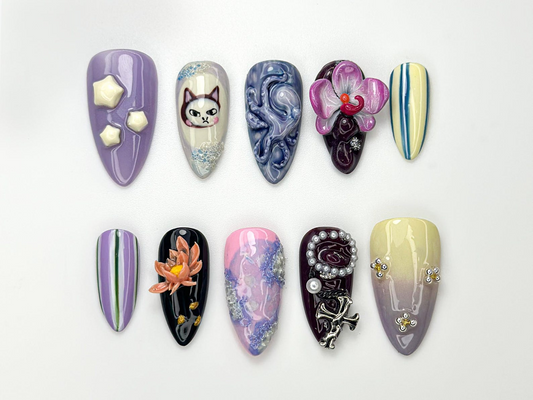 遊び心のある Violet ネイルチップ｜3Dキャット & Orchid ネイルアート｜Abstract Swirl ゴシック パール ネイル｜ハンドメイド ネイルセット｜アーティスティック ネイル｜JB981HC