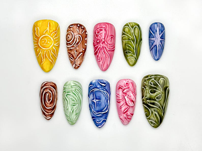 Celestial Carved Texture ネイルチップ｜Abstract ナチュラル ネイルアート｜Earth Element ネイルセット｜3D Carved ネイル｜Colorful ネイルチップ｜JB932H