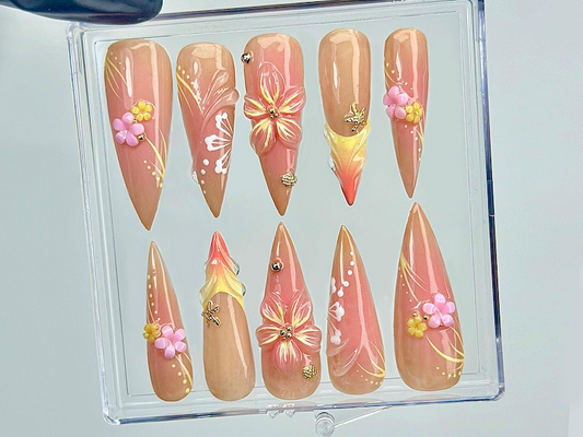 Sunset Blossom Whisper ネイルチップ｜3D パステル フラワー ネイルアート｜上品 ヌーディー & Coral Tones｜ハンドメイド オンブレ フラワー ネイル｜HC999EK