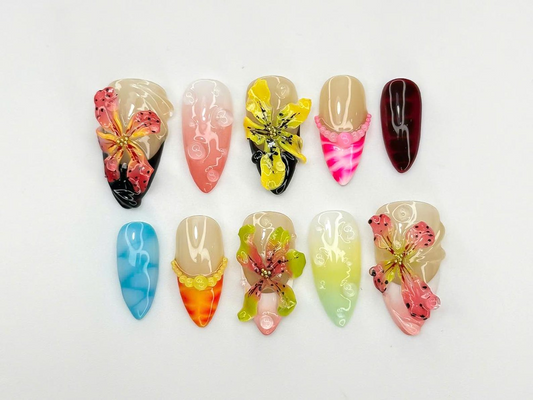 3Dフラワー ネイルチップ｜ハンドメイド フラワー ネイルセット｜Tropical Press On ネイルセット｜鮮やか 夏 ネイルアート for Women｜JB912DC
