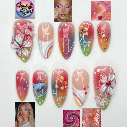 Midnight Sun ネイルチップ for Y2K Lovers｜Sunset オンブレ Rainリボン ネイル with 3Dフラワー Art｜90s Nail Design｜アーティスティック ネイルチップ｜JB290HC