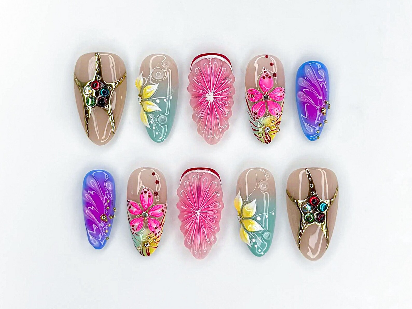 Tropical Bloom ネイルチップ｜3D フラワー 夏 ネイル｜Colorful Citrus Slice ネイル｜Hand Painted フラワー ネイル｜Vaキャットion ネイル｜JB319H