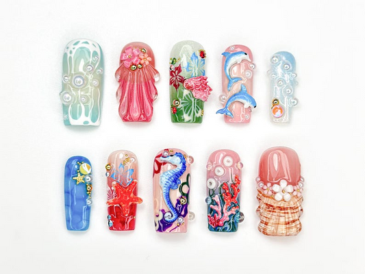 夏 ネイルチップ with 3D Seashells and パール｜Mermaid Dolphin Coral Shell Design｜夏 Beach Vibe ネイル｜シー Life ネイル｜JB923H