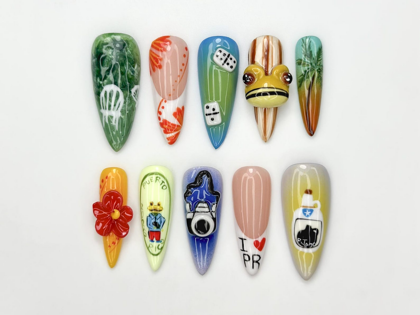 Tropical Vaキャットion ネイルチップ｜3D Beach Frog ネイル｜Puerto 夏 ネイルアート｜Colorful Travel ネイルチップ｜ハンドメイド ネイル｜JB315HC