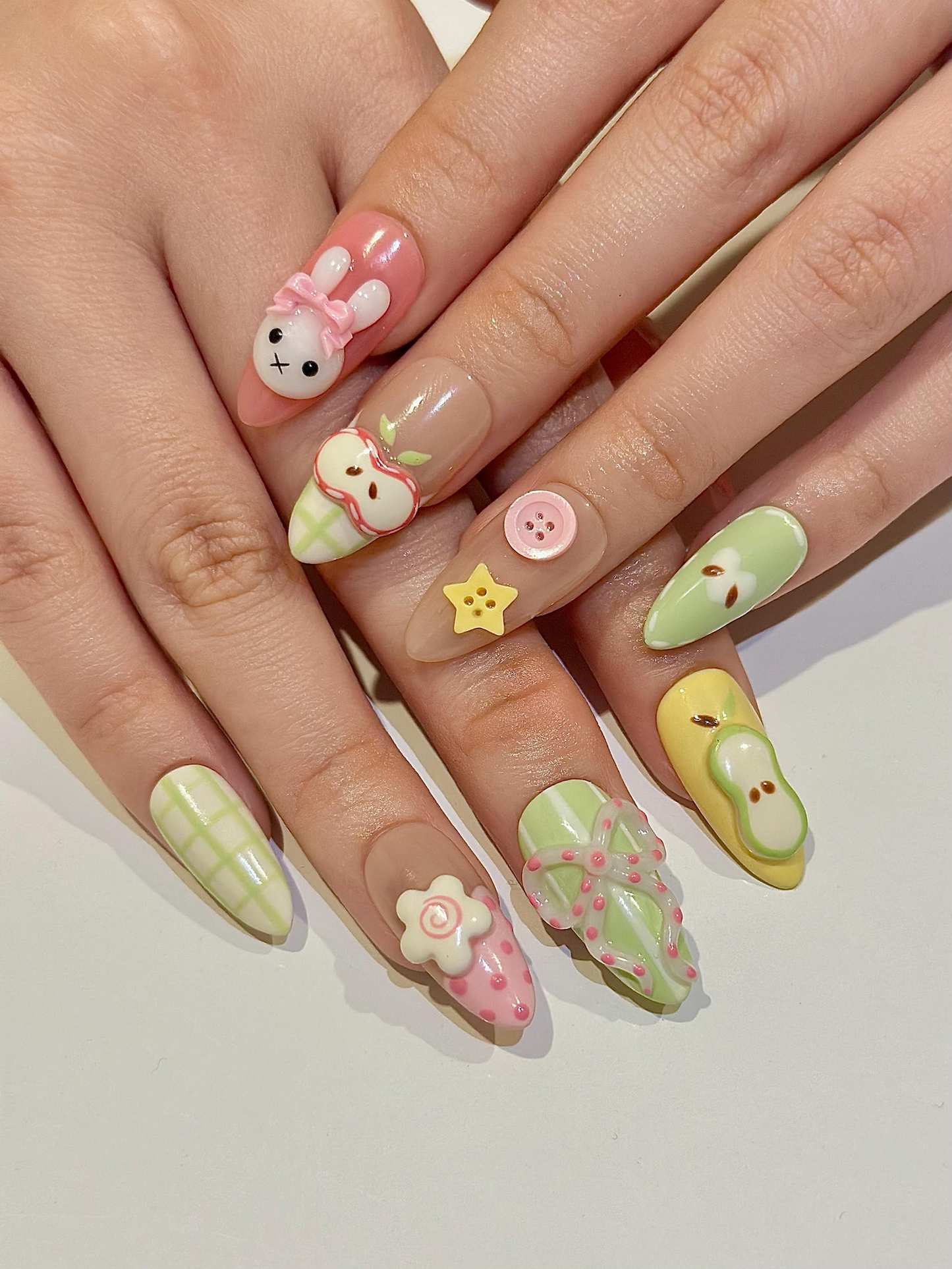 Kawaii バニー Easter ネイルチップ, パステル グリーン and ピンク チェック ネイル, Colorful パステル ギンガム ネイルチップ For かわいい Lover, HB1291H
