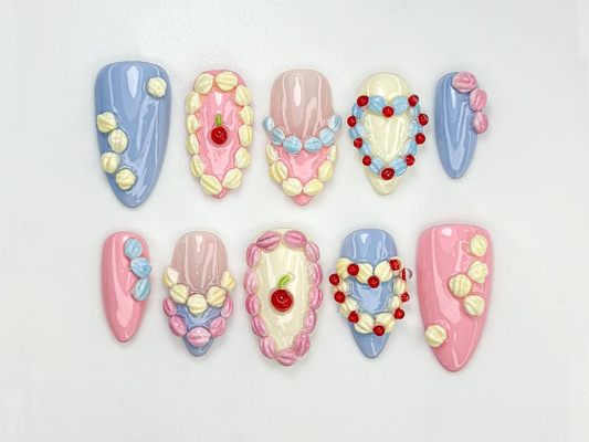 パステル Birthday Party ネイルチップ｜Sweet Dessert・風 ネイル｜3D パステル Icing & クリーム ネイルアート｜ハンドメイド Birthday ネイル｜JB808HC