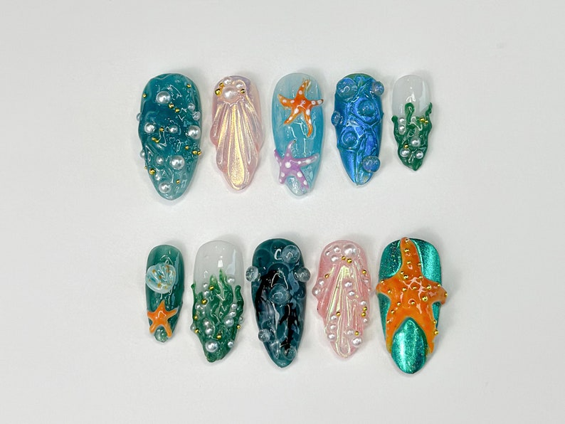 3D トロピカルビーチ ネイルチップ｜Ocean・Themed with Seaweed, Seashells, and スターfish｜ハンドメイド ネイルチップ｜JB316SL