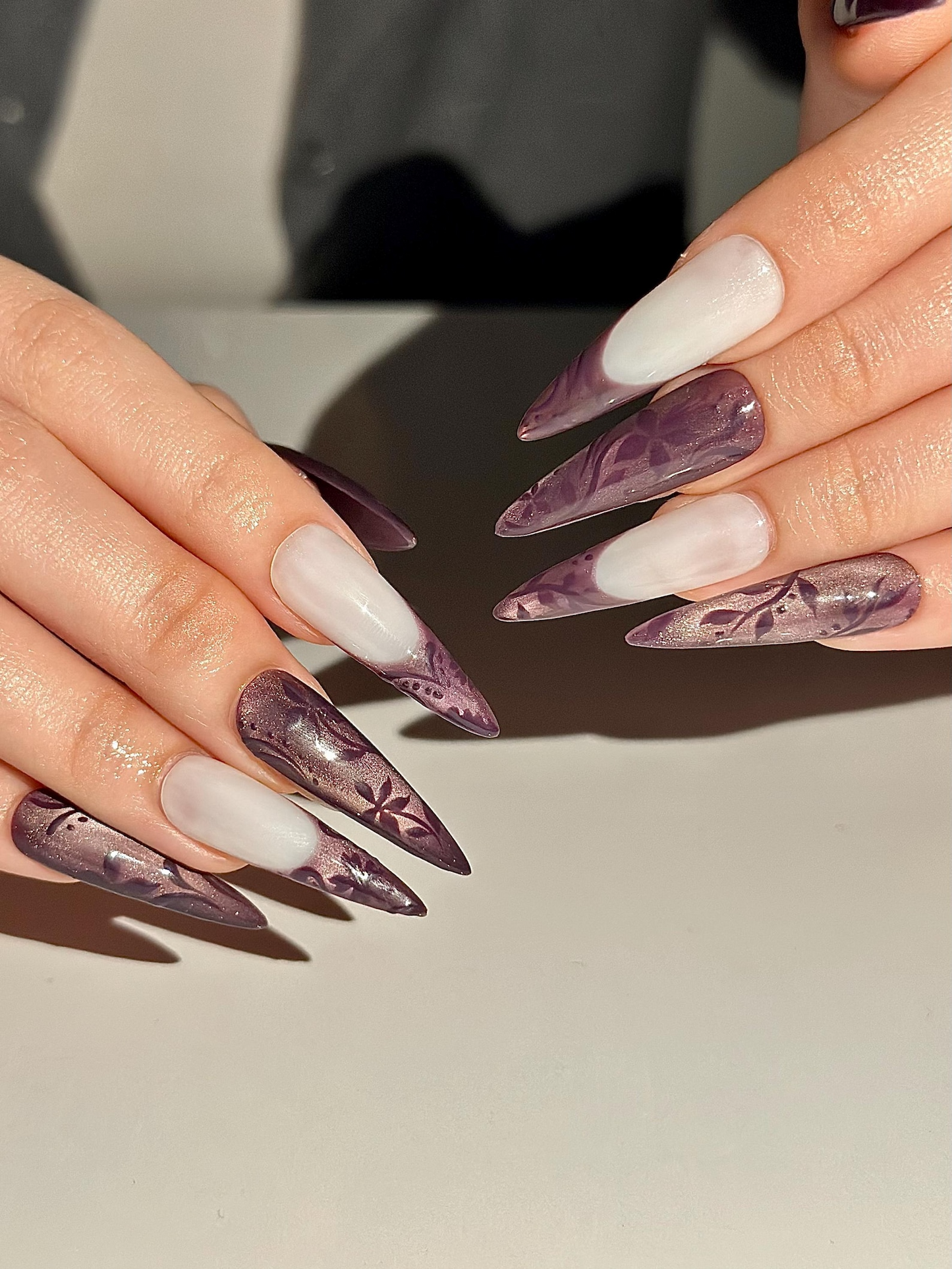 Dark パープル キャットアイ ネイルチップ, Mystic フラワー フレンチチップ ネイル, Ethereal Smoky Velvet ネイル, ゴシック 上品 スティレット ネイルチップ, HC1292HK