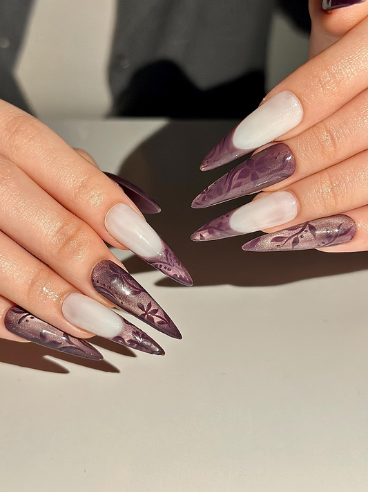 Dark パープル キャットアイ ネイルチップ, Mystic フラワー フレンチチップ ネイル, Ethereal Smoky Velvet ネイル, ゴシック 上品 スティレット ネイルチップ, HC1292HK