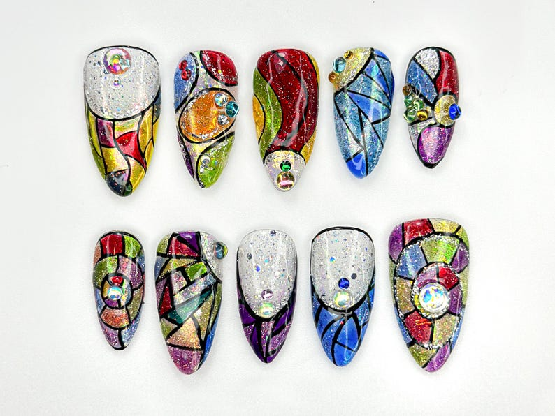 ステンドグラス Fantasy ネイルチップ｜手描き Mosaic ネイルアート｜Sparkly Abstract Rainリボン Design｜Festival Boho Press On Set｜JC786HC
