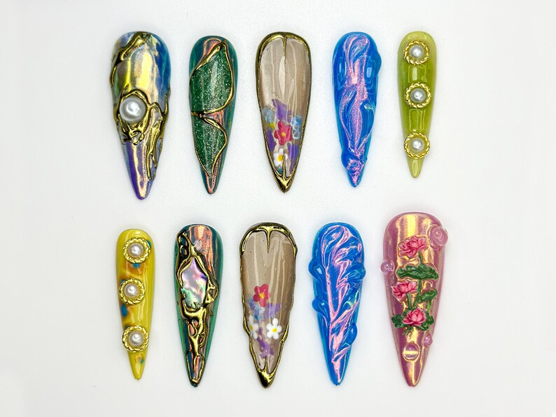 フラワー クローム ネイルチップ｜Mixed パール 3D Art ネイル｜Sculpted ナチュラル・風｜Holographic Garden ネイルチップ｜アーティスティック Nail｜JB856HK