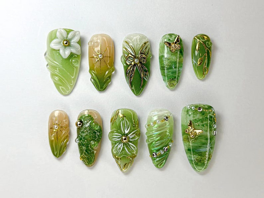 手描き フォレスト グリーン ネイルチップ｜Botanical Nail Design｜グリーン ナチュラル・風 ネイル｜グリーン ナチュラル・風 ネイル｜JB705HK