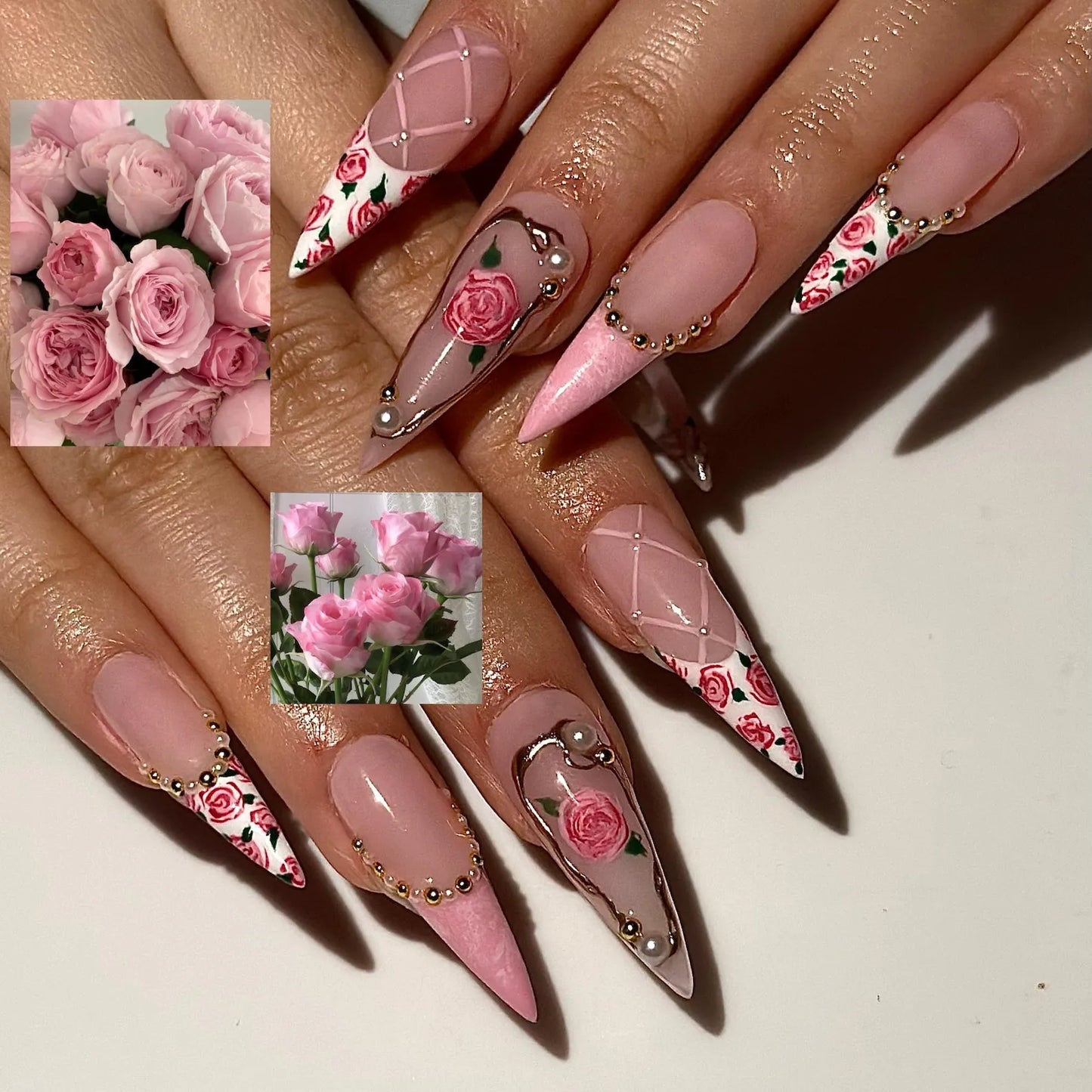 Vintage ローズ スティレット ネイルチップ｜ピンク ローズ Bridal ネイル for Women｜フレンチチップ フラワー ネイル｜パール ゴールド Nail｜ロマンティック Nail｜HB1276HC