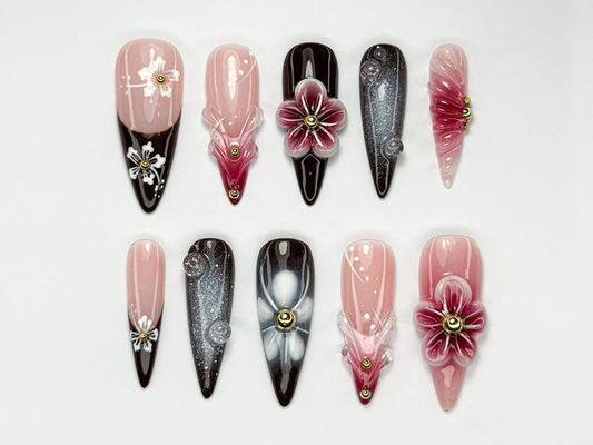 上品 レッド フラワー ネイルチップ｜3D レッド Blossom ネイルセット｜上品 春 ネイル｜Glossy フラワー ネイルセット｜Dark Glam ネイル｜JC756HC