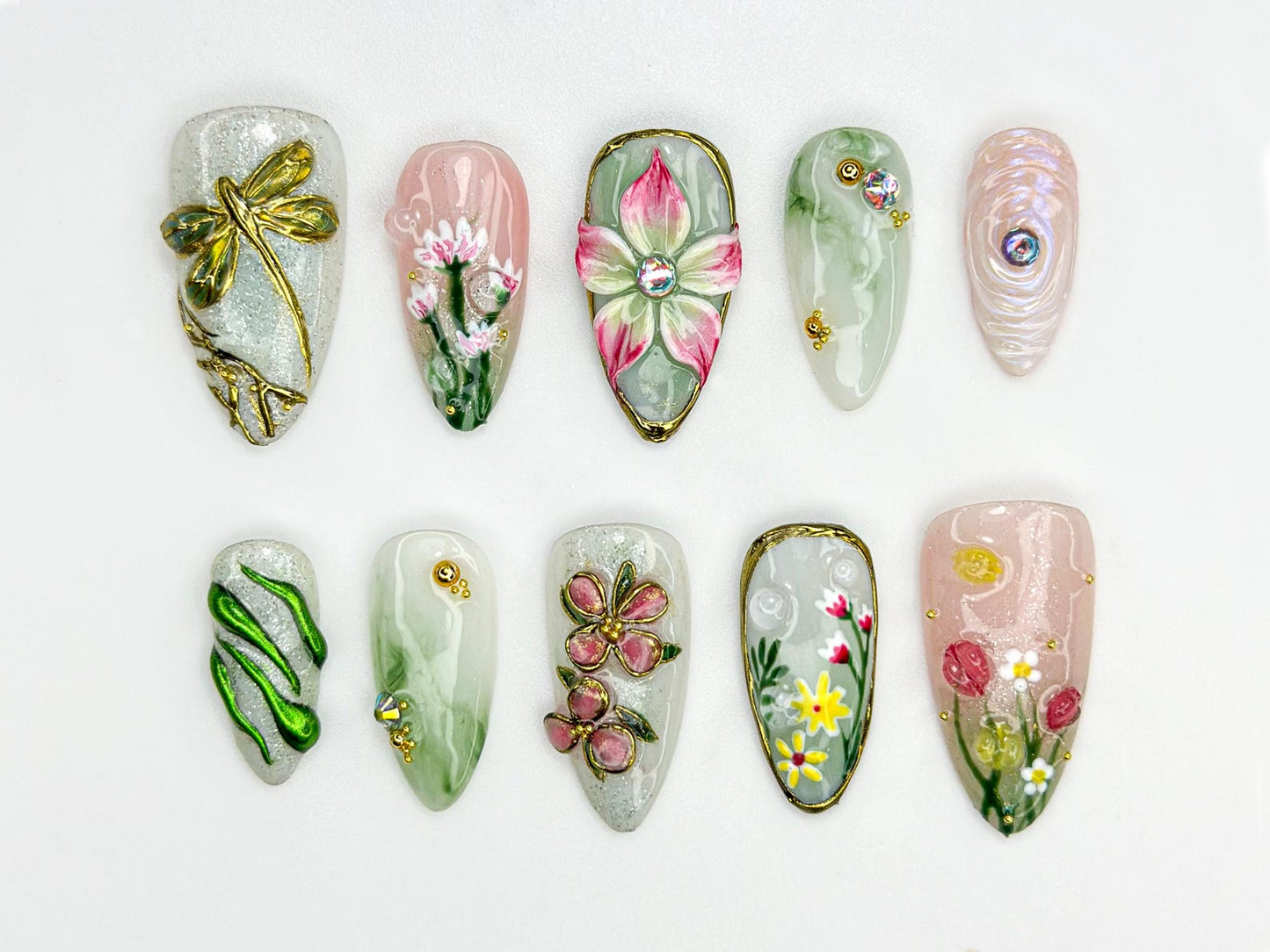 上品 フラワー Garden ネイルチップ｜3D Wildフラワー & Dragonfly ネイル｜ナチュラル・風 フラワー ネイルアート｜上品 春 ネイルチップ｜JC816HC