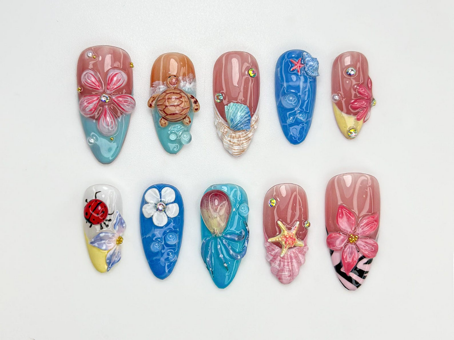 Tropical シー タートル ネイルチップ｜3D Beach Shell & スターfish ネイル｜ハンドメイド 夏 Mermaid Vibes｜Tropical シー ネイルアート｜JB809HK