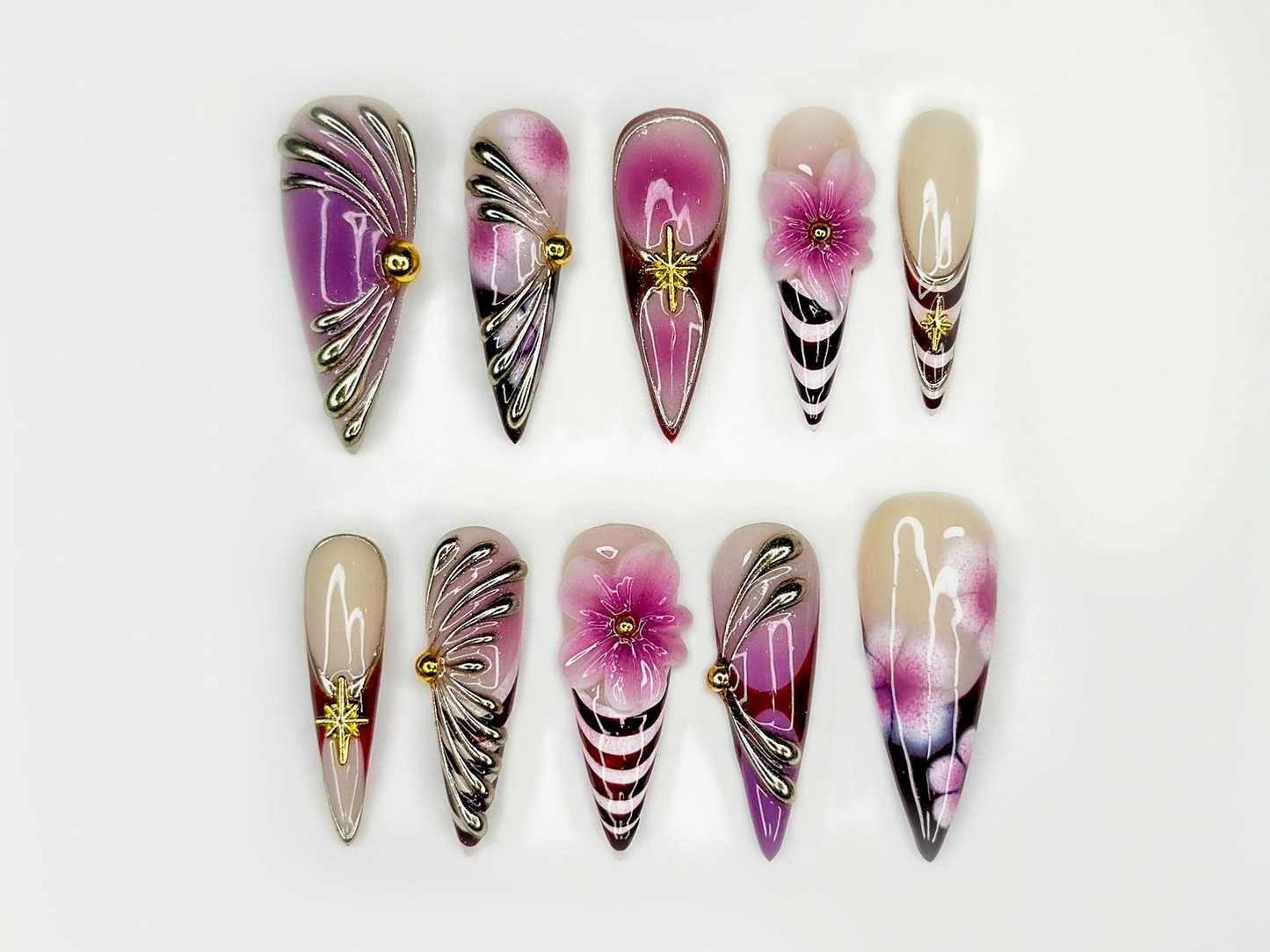 上品 Violet フラワー ネイルチップ｜パープル クローム フラワー ネイル｜上品 ホリデー ネイル｜上品 グラデーション ネイルチップ｜JB211EC