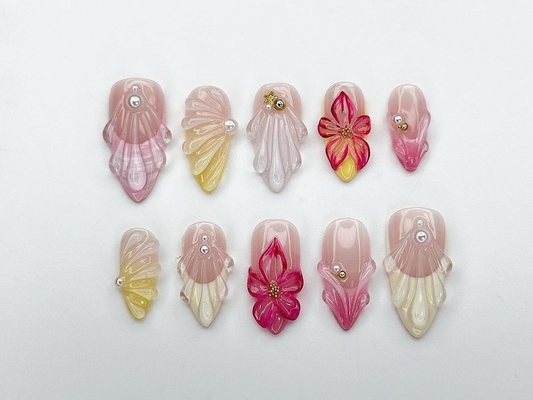 Jelly フラワー ネイルチップ｜3Dフラワー ネイル with パール and Petal Wings｜ロマンティック ピンク Gel ネイルセット｜夏 ネイル｜ホリデー Nail｜JB940DC