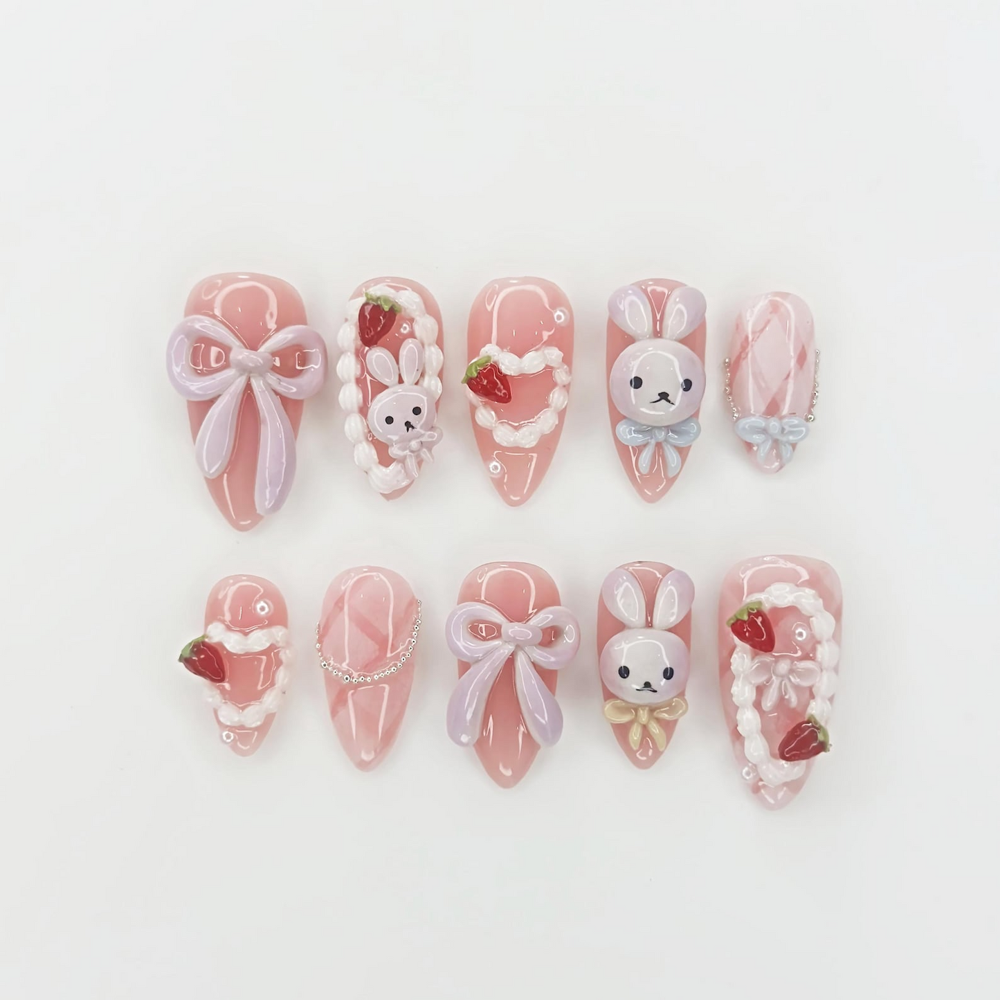 やさしい印象の ピンク バニー ネイルチップ｜Kawaii ネイルアート with リボンs｜ハンドメイド パステル ネイル｜Sweet Gift for Her｜HB1112GC