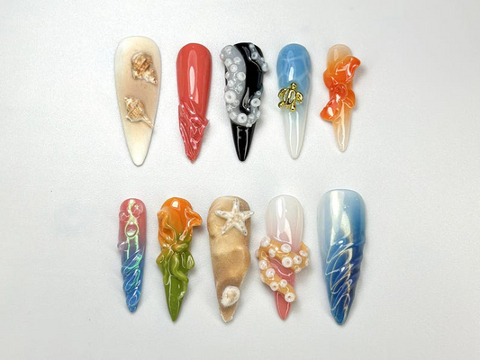 Beach Vaキャットion 夏 ネイルチップ｜Ocean・風 アーティスティック ネイルセット｜3D ウェーブ & パール ネイル｜スターfish And Shell ネイルアート｜JB698HK