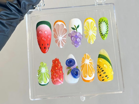 3D Tropical Fruit ネイルチップ｜Lemon Grape Watermelon ネイルアート｜Colorful 3D ネイルチップ｜ユニーク 夏 ネイルチップ｜Kawaii ネイル｜HB947YC