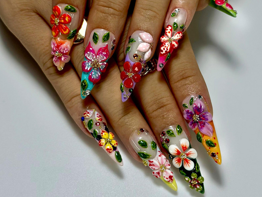Tropical Garden Explosion ネイルチップ｜3D Colorful フラワー ネイルアート｜Rainリボン グラデーション Tips with Leaves & ビジューs｜JB989EC