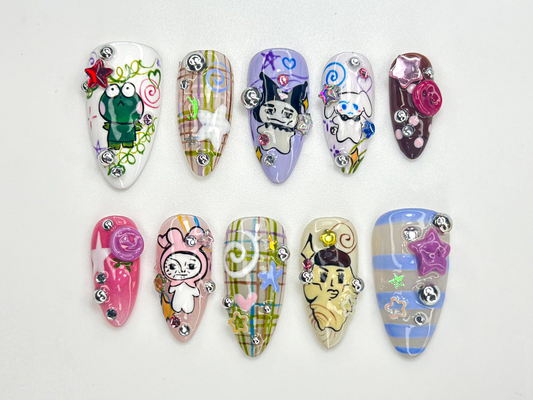 遊び心のある Cartoon Pop ネイルチップ｜Playful Character ネイル｜Colorful 3D Kawaii Nail Design｜Playful Mixed Media ネイル｜JB779HC