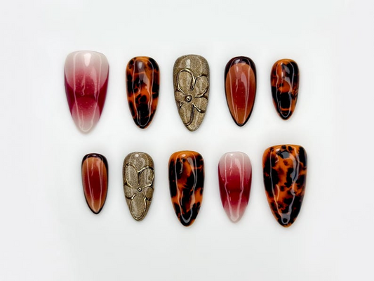 秋 Burgundy Tortoiseshell ネイルチップ｜ゴールド Orchid Accent ネイル｜グラデーション 秋 ネイルアート｜上品 秋 ネイルセット｜JB187EC