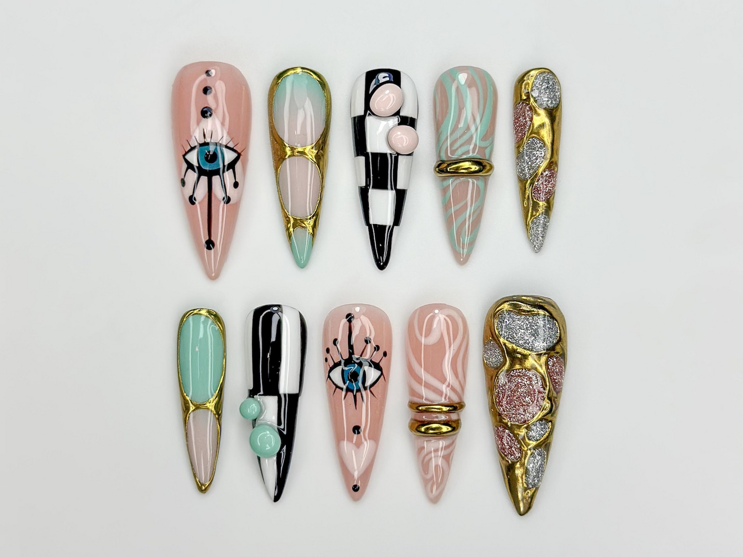 Gilded 上品 Colorful ネイルチップ｜Eye Art ゴールド Ring ネイル｜ハンドメイド ヌーディー スティレット ネイルアート｜上品 Statement ネイルチップ｜JB302EC