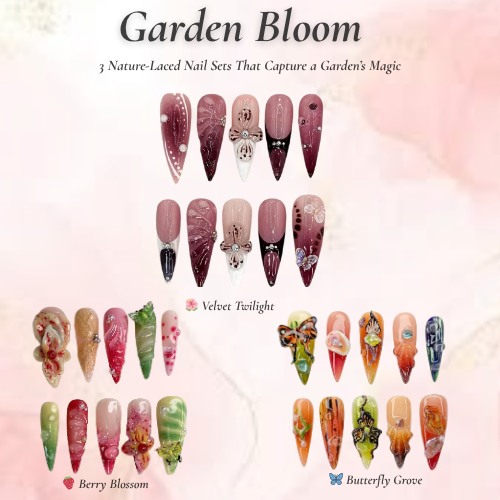 Garden Bloom Nail Bundle｜3 ナチュラル・風 Press On Sets｜Velvet, Berry, バタフライ Designs｜DB102L