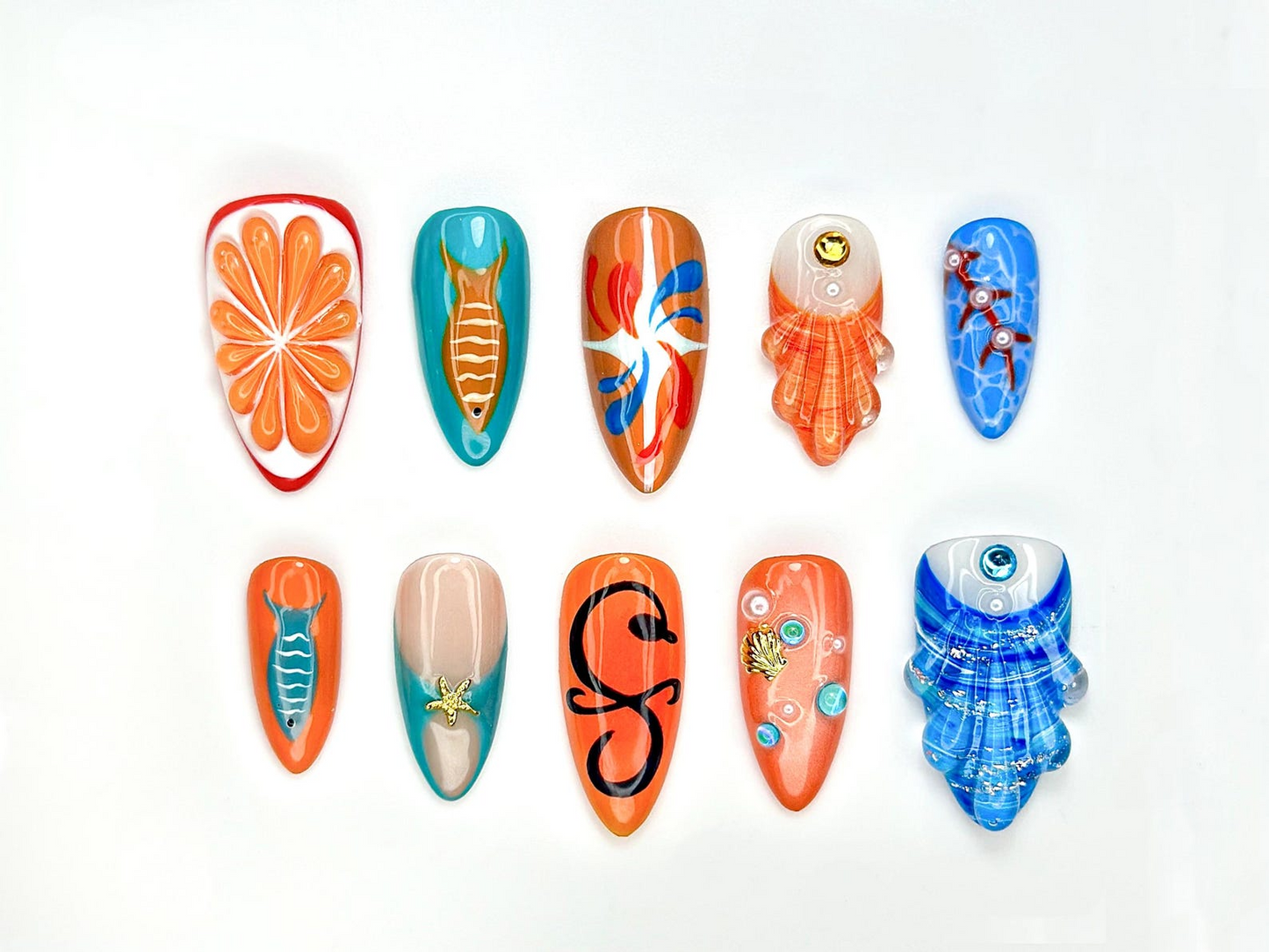 Ocean Breeze 夏 ネイルチップ｜3D Seashell & スターfish Accents｜Citrus オレンジ Slice Art｜Underwater Marine Theme｜HB1041E