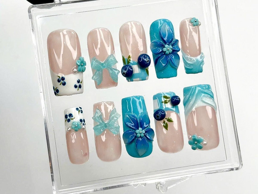 3D ブルー フラワー ネイルチップ｜上品 ブルー フラワー ネイルアート｜ハンドメイド 夏 ネイル｜Gift for her｜夏 Vibes｜Beach ネイル｜HB967DK
