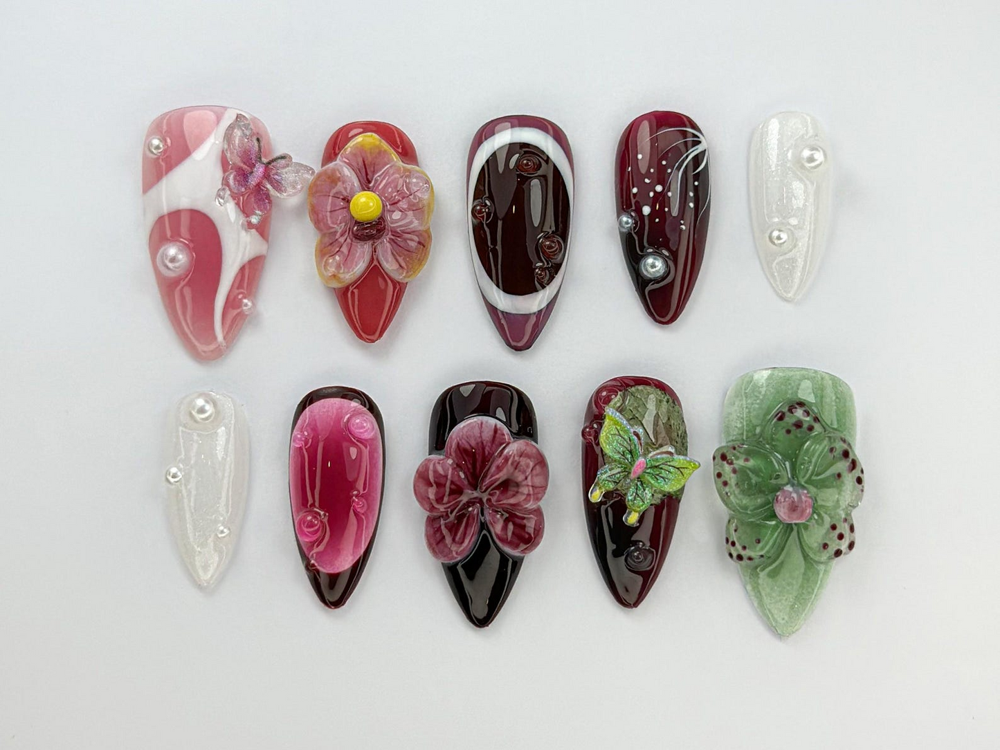 Burgundy バタフライ ネイルチップ｜Orchid バタフライ ネイルアート｜3Dフラワー 上品 ネイルセット｜Dark レッド Orchid ネイル｜上品 ネイル｜JC743HK