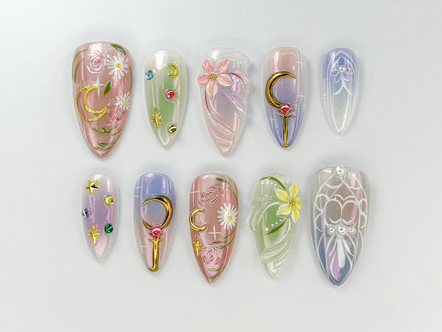 Sailor ムーン ネイルチップ｜パステル Magical Girl ネイルアート｜Iridescent Anime Design｜Kawaii Anime Press On｜ハンドメイド Cosplay Nail｜JB746HK