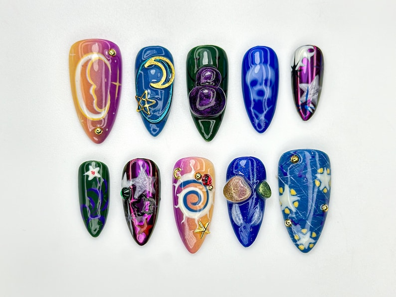 Galaxy Swirl ネイルチップ｜Cosmic スター ムーン ネイルアート｜Mystical Space 風 ネイル｜パープル ブルー Galaxy Tips｜Celestial Nail｜JB936HC
