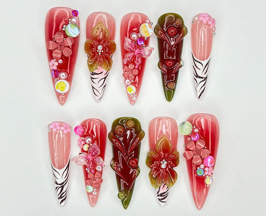華やか Bloom Jungle ネイルチップ｜3D レッド フラワー & バタフライ ネイルアート｜Zebra Print フレンチチップ｜Tropical Jungle Nail Design｜JC925EK