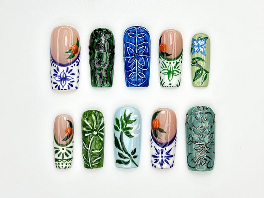 Vintage Botanical ネイルチップ｜手描き Ceramic・風 ネイルアート｜グリーン Leaf Design｜ナチュラル・風 ネイルチップ｜JB933H