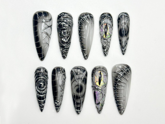 Dragon ゴシック ネイルチップ｜ブラック 3D ネイルアート｜Dark Mystic Scale ネイル｜ハンドメイド Dragon Claw ネイルチップ｜ユニーク Fantasy ネイル｜JB801HC