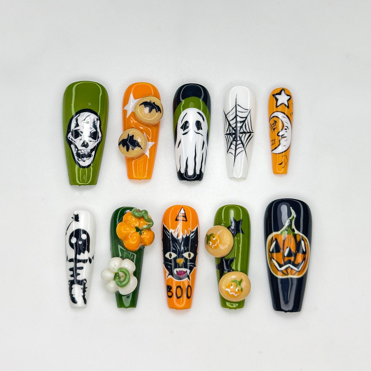 Spooky ハロウィン ネイルチップ｜ゴースト パンプキン キャット ネイルアート｜3D スパイダーウェブ ネイルチップ｜かわいい ゴースト パンプキン ネイル｜Kawaii ネイル｜HB184YC