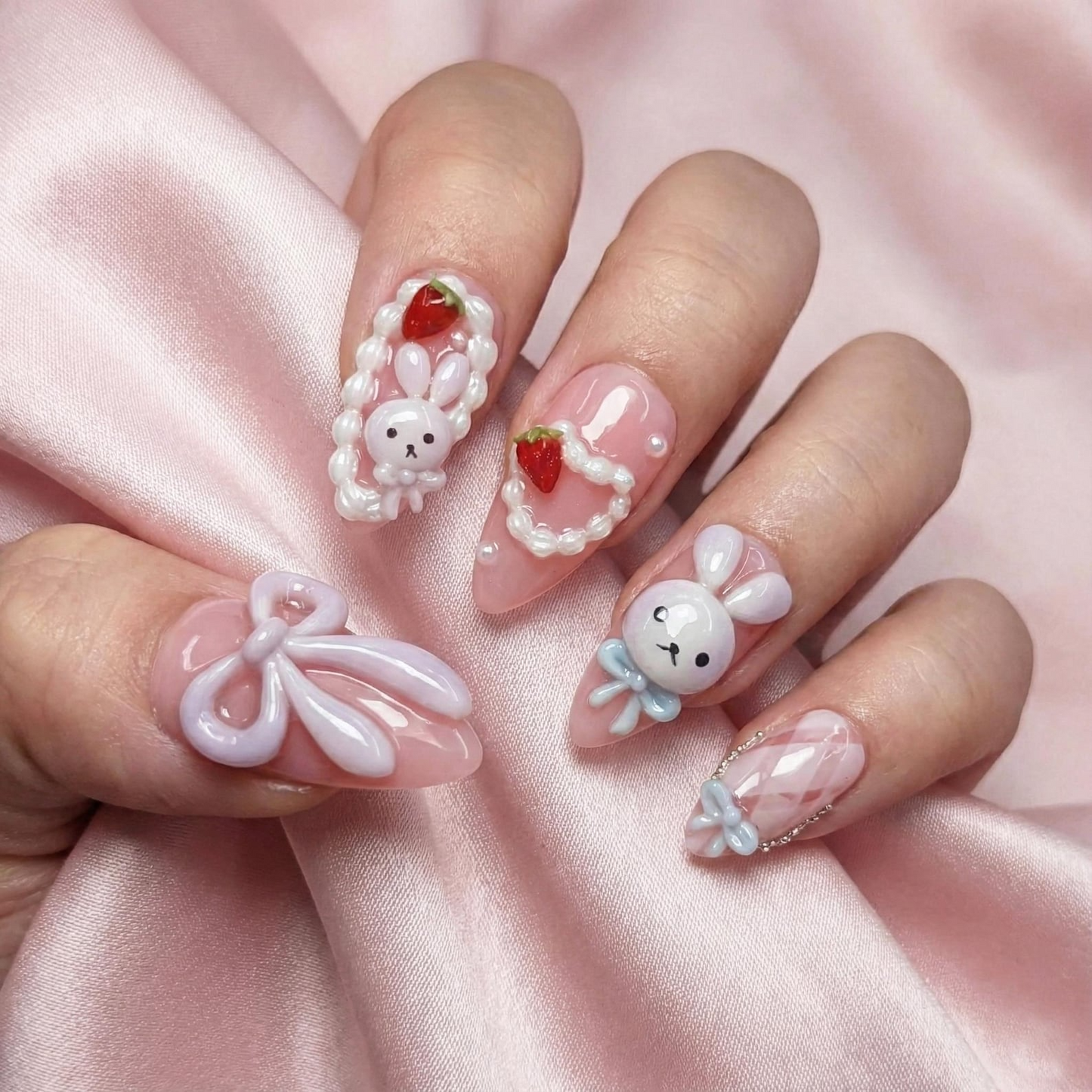 やさしい印象の ピンク バニー ネイルチップ｜Kawaii ネイルアート with リボンs｜ハンドメイド パステル ネイル｜Sweet Gift for Her｜HB1112GC