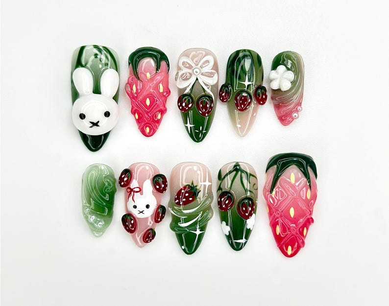 いちご バニー Dreams ネイルチップ｜かわいい 3D Fruit ネイルアート｜Sweet Berry Theme ネイル｜ピンク 3D Kawaii ネイル｜JB923EC