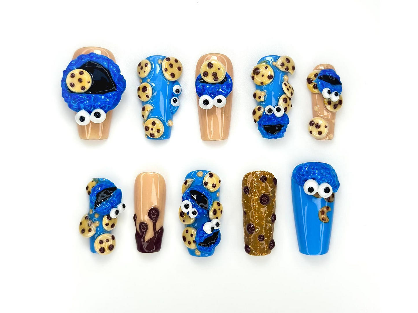 Cookie Monster ネイルチップ｜3D Cookie & Monster ネイルアート｜Funny ブルー Cartoon ネイルセット｜ハンドメイド Pop Culture ネイル｜HB1048EC