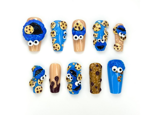 Cookie Monster ネイルチップ｜3D Cookie & Monster ネイルアート｜Funny ブルー Cartoon ネイルセット｜ハンドメイド Pop Culture ネイル｜HB1048EC