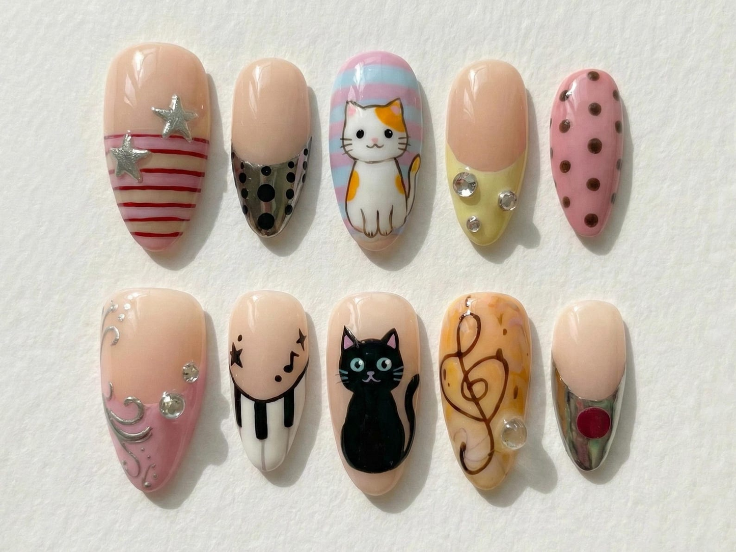 かわいい キャット & Music ネイルチップ for かわいい Girls｜ハンドメイド パステル Polka Dot ネイルチップ｜シルバー スター Art ネイルセット｜JB285E