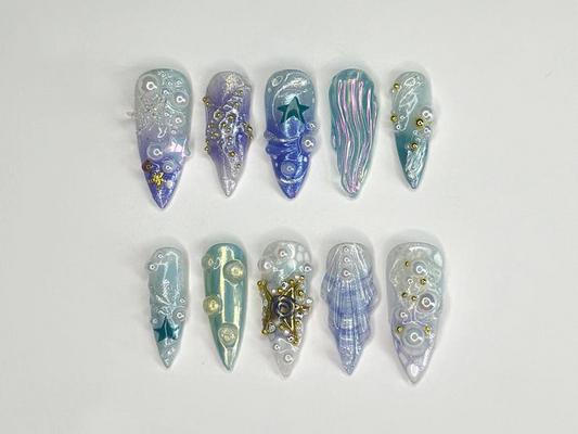 3D トロピカルビーチ ロング スティレット ネイル｜Ocean・Themed with Seaweed, Seashells, and スターfish｜ハンドメイド ネイルチップ｜JB328SL