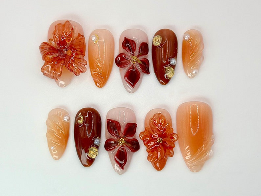 秋・風 ネイルチップ｜Warm Tones & ゴールド Accents｜ハンドメイド 秋 ネイルアート Set｜3Dフラワー ネイル｜秋 Collection｜JB544HC