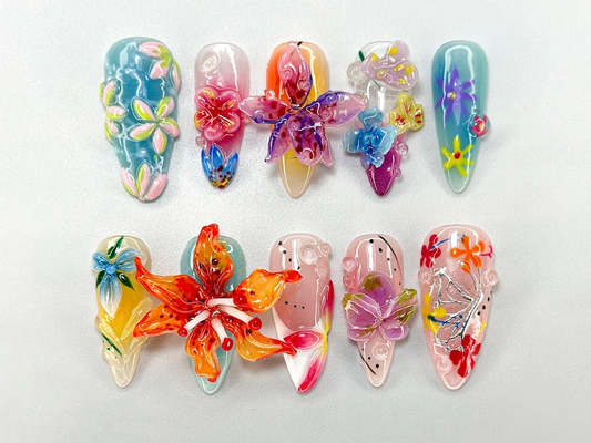 Colorful 3Dフラワー ネイルチップ｜Garden・Themed フラワー & バタフライ Design｜遊び心のある バタフライ ネイルアート｜ハンドメイド Blooming Nail｜JA686HC
