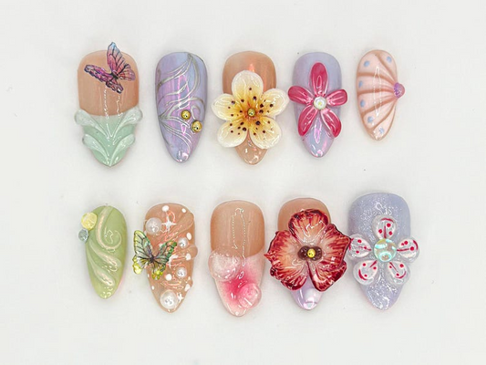春 3Dフラワー ネイルチップ｜ハンドメイド Butterflies ネイルアート｜上品 & やさしい印象の パステル Nail Design｜ハンドメイド 上品 ネイル｜JC684H