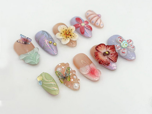 春 3Dフラワー ネイルチップ｜ハンドメイド Butterflies ネイルアート｜上品 & やさしい印象の パステル Nail Design｜ハンドメイド 上品 ネイル｜JC684H