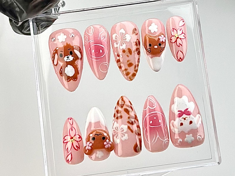 Kawaii Cartoon ネイルチップ｜かわいい ピンク キャット & バニー ネイルアート｜ピンク Animal ネイルチップ｜Kawaii パステル Nail Polish｜かわいい ネイル｜HB680YC